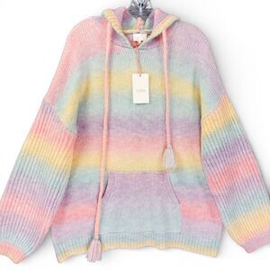 Entro Pastel Rainbow Knit Hoodie Sweater Sz M Wool Blend Hooded Pullover Pocket